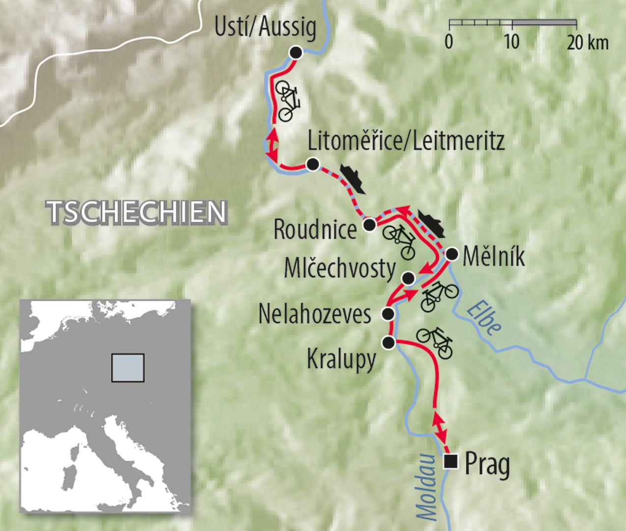 Fahrradkarte Tschechien Elbe und Moldau Fahrradtour - Rad und Schiff