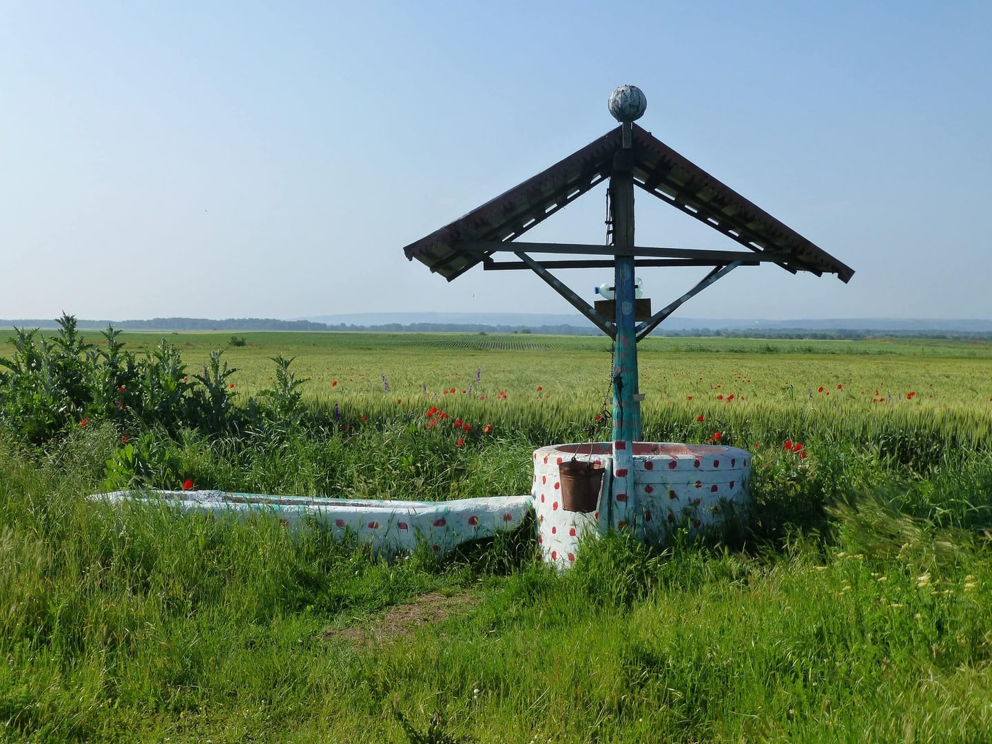 Radreise Rumänien Donaudelta ans Schwarze Meer, weiß-roter Wasserbrunnen mit Kreuz davor und einem Feld mit Mohnblumen im Hintergrund